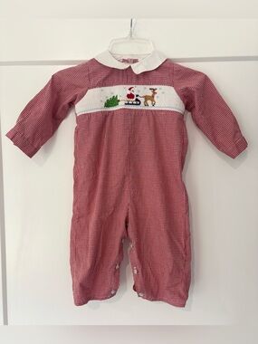 Smocked Giraffe Santa’s Sleigh Christmas Smocked Romper Jumpsuit 12m